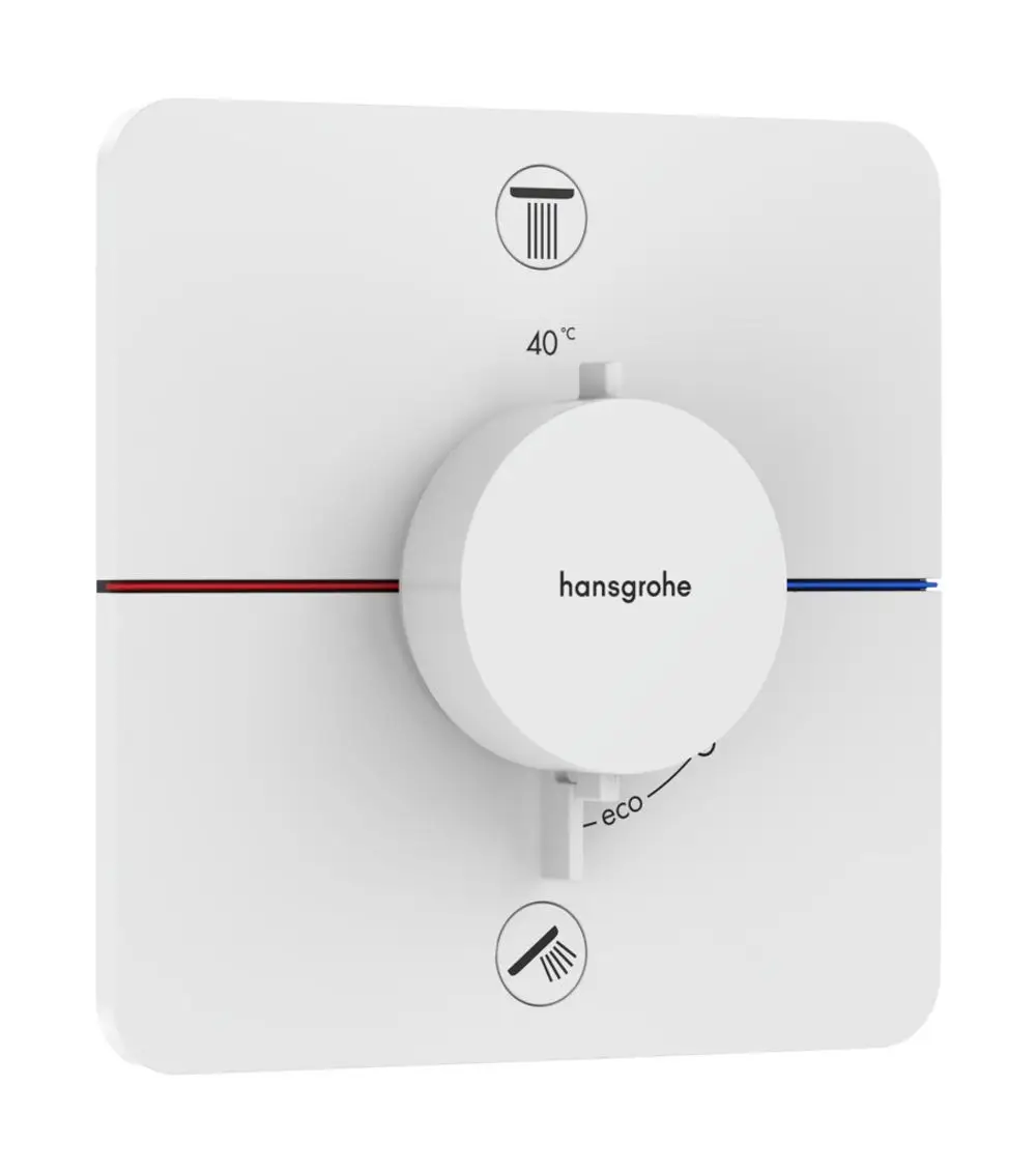 Weißer Thermostat mit Drehregler von Hansgrohe, zwei Verbraucheranschlüsse, Anzeige für Temperatur und Eco-Modus, Icons für Funktionen an der Oberfläche.
